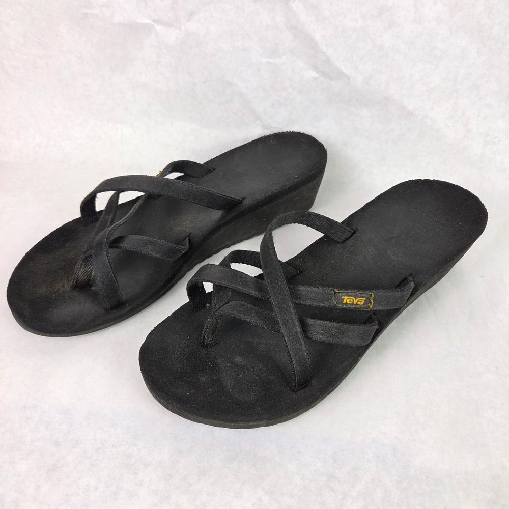 Teva Mandalyn Wedge Ola 2 Sandals Black Strappy Thong Flip Flops Womens 9 Basic